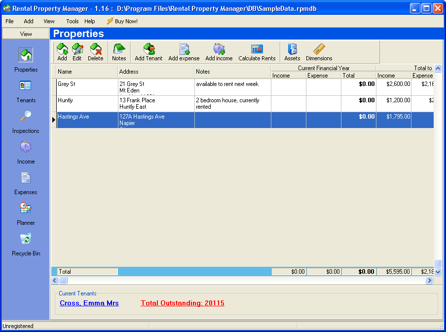 Main window of Rental Property Manager Main window of Rental Property Manager